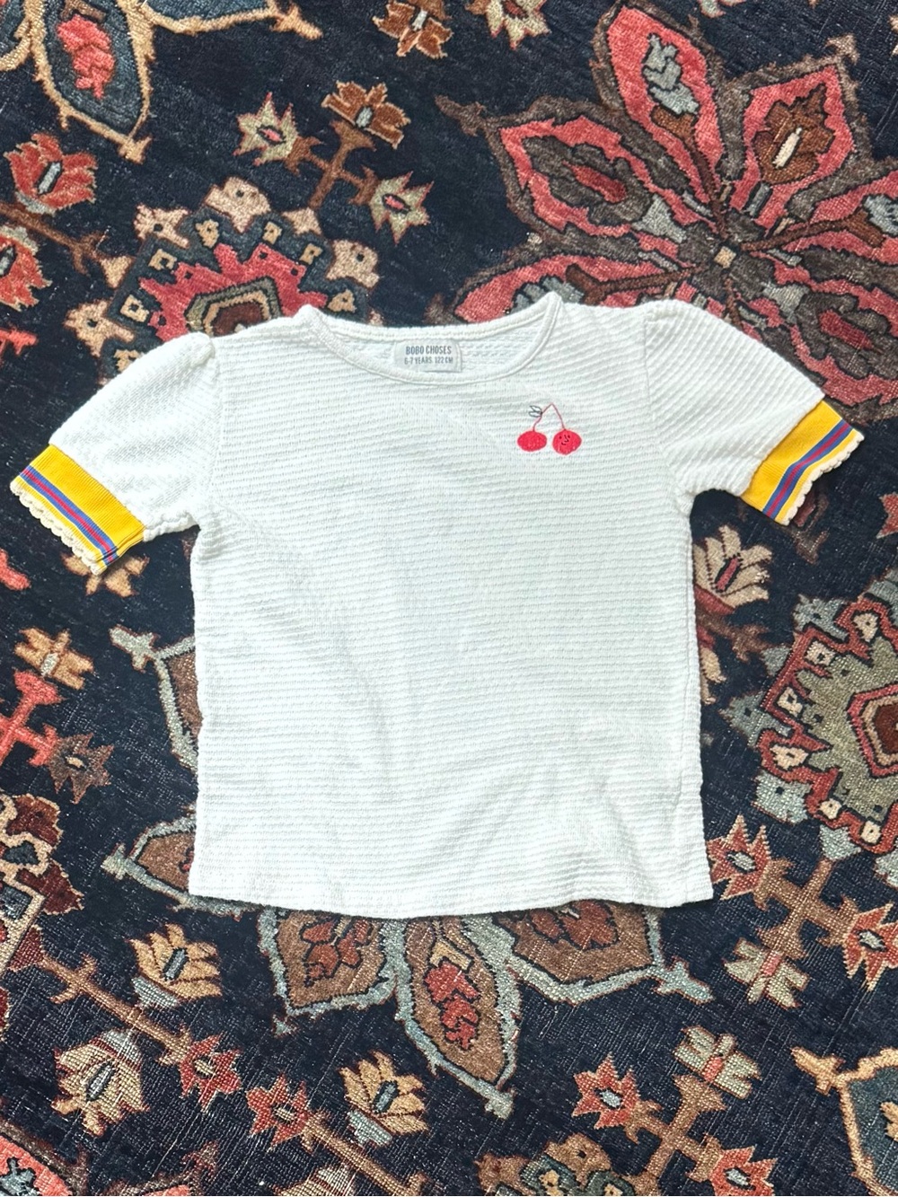 Bobo Choses White Tee with Cherry Patch and Yellow Trim 6/7 Years
